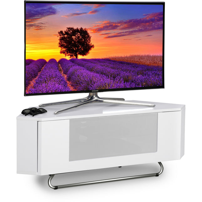 Centurion Supports Hampshire Corner-Friendly Gloss White with White Beam-Thru Remote Friendly Door 26"-50" Flat Screen TV Cabinet