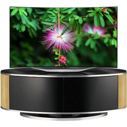 MDA Designs LUNA Beam Thru Remote Friendly up to 50" LCD/ OLED/ LED Gloss Black with Oak Sides Luxury Oval TV Cabinet