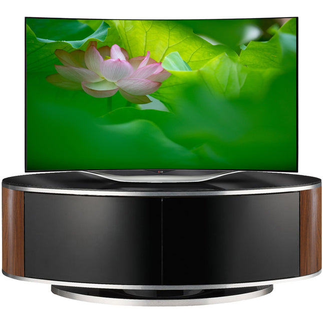 MDA Designs LUNA Beam Thru Remote Friendly up to 50" LCD/ OLED/ LED Gloss Black with Walnut Sides Luxury Oval TV Cabinet