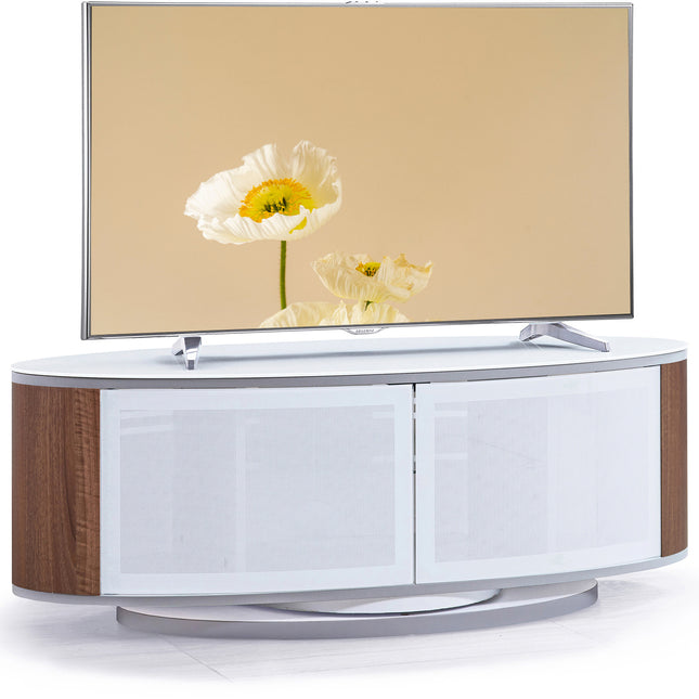 MDA Designs LUNA Gloss White Oval Cabinet with Walnut Profiles White BeamThru Glass Doors Suitable for Flat Screen TVs up to 50"