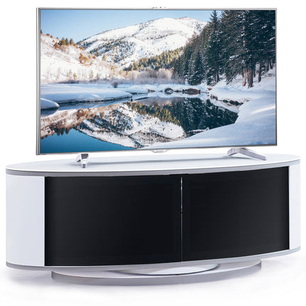 MDA Designs LUNA Gloss White Oval Cabinet with White Profiles Black BeamThru Glass Doors Suitable for Flat Screen TVs up to 50"