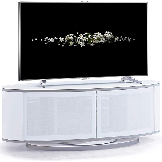 MDA Designs LUNA Gloss White Oval Cabinet with White Profiles White BeamThru Glass Doors Suitable for Flat Screen TVs up to 50"