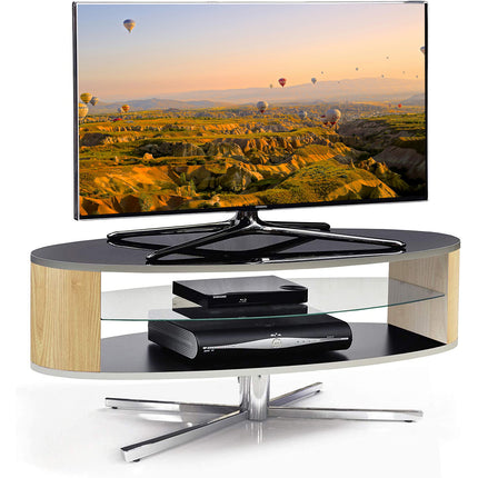 MDA Designs Orbit 1100BO Gloss Black TV Stand with Oak Elliptic Sides for Flat Screen TVs up to 55"