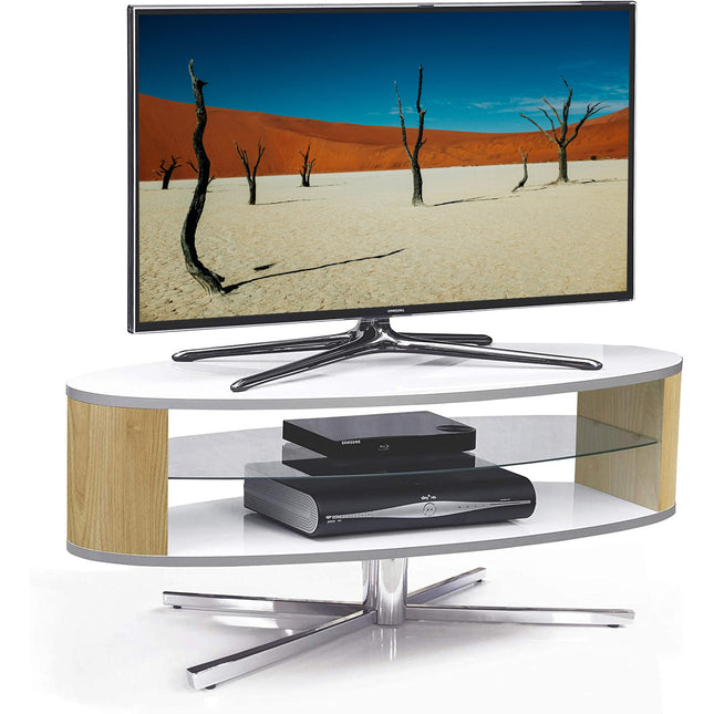 MDA Designs Orbit 1100WO Gloss White TV Stand with Oak Elliptic Sides for Flat Screen TVs up to 55"