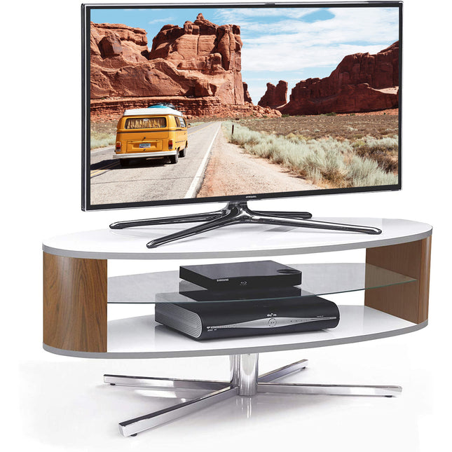 MDA Designs Orbit 1100WWA Gloss White TV Stand with Walnut Elliptic Sides for Flat Screen TVs up to 55"