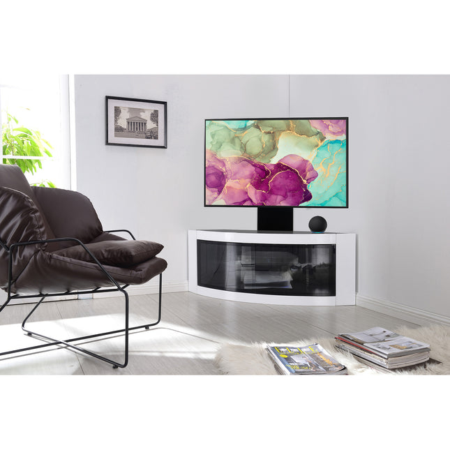 Centurion Supports PANGEA Black/White Beam-Thru Curved True-Corner 32"-50" TV Cabinet with Mounting Arm