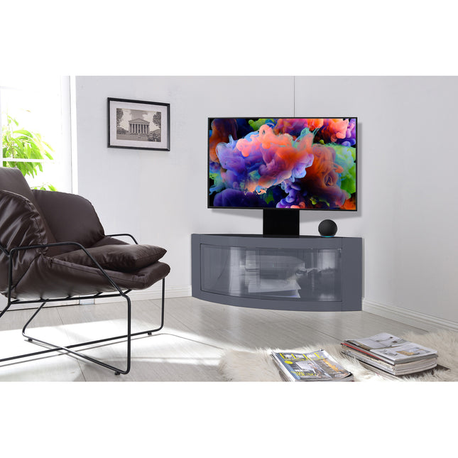 Centurion Supports PANGEA Grey Beam-Thru Curved True-Corner 32"-50" TV Cabinet with Mounting Arm