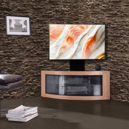 Centurion Supports PANGEA Black/Oak Beam-Thru Curved True-Corner 32"-50" TV Cabinet with Mounting Arm