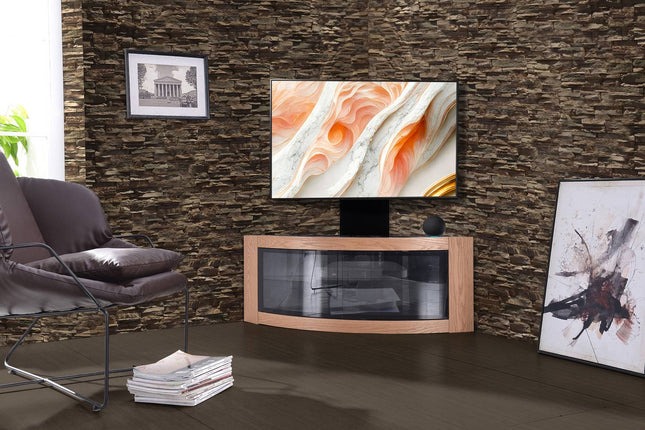 Centurion Supports PANGEA Black/Oak Beam-Thru Curved True-Corner 32"-50" TV Cabinet with Mounting Arm