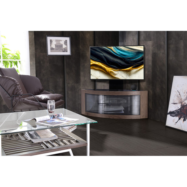 Centurion Supports PANGEA Black/Walnut Beam-Thru Curved True-Corner 32"-50" TV Cabinet with Mounting Arm