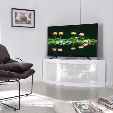 Centurion Supports PANGEA Gloss White Beam-Thru White Glass Curved Tru-Corner 32"-50" TV Cabinet