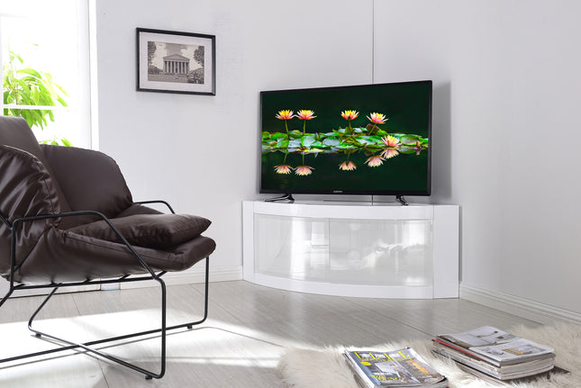 Centurion Supports PANGEA Gloss White Beam-Thru White Glass Curved Tru-Corner 32"-50" TV Cabinet