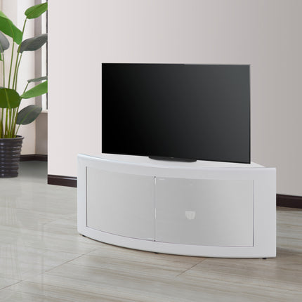 Centurion Supports PANGEA Gloss White Beam-Thru White Glass Curved Tru-Corner 32"-50" TV Cabinet