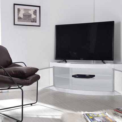 Centurion Supports PANGEA Gloss White Beam-Thru White Glass Curved Tru-Corner 32"-50" TV Cabinet