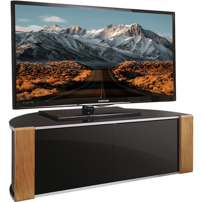 MDA Designs Sirius 1200 Black with Remote Friendly Beam Thru Glass Door and Walnut/Oak Profiles for up to 55" LCD/Plasma/LED Cabinet TV Stand