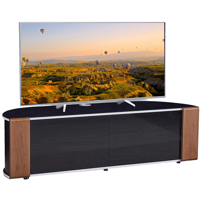 MDA Designs Sirius 1600 TV Cabinet Gloss Black Stand with BEAMTHRU Remote-Friendly Glass Door, Walnut/Oak Trims, Cable Management and Storage for LED, LCD, OLED & Plasma TVs up to 70” TV Unit