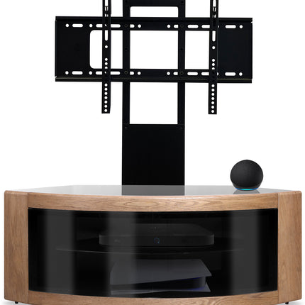 Centurion Supports PANGEA Black/Oak Beam-Thru Curved True-Corner 32"-50" TV Cabinet with Mounting Arm