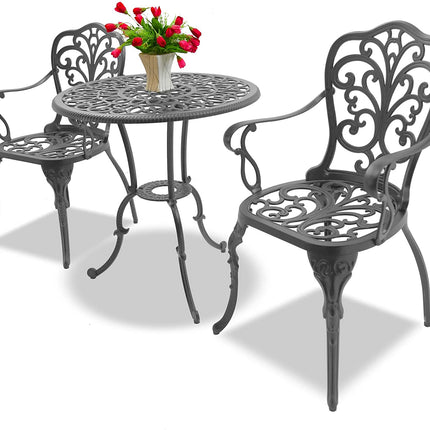 Centurion Supports BANGUI Grey Luxurious Garden and Patio Table and 2 Large Chairs with Armrests Cast Aluminium Bistro Set