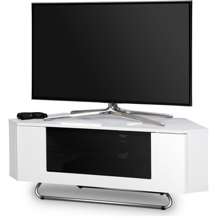 Centurion Supports Hampshire Corner-Friendly Gloss White with Black Contrast Beam-Thru Remote Friendly Door 26"-50" Flat Screen TV Cabinet