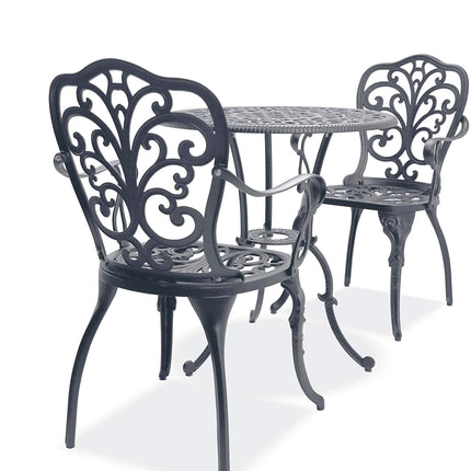 Centurion Supports BANGUI Grey Luxurious Garden and Patio Table and 2 Large Chairs with Armrests Cast Aluminium Bistro Set